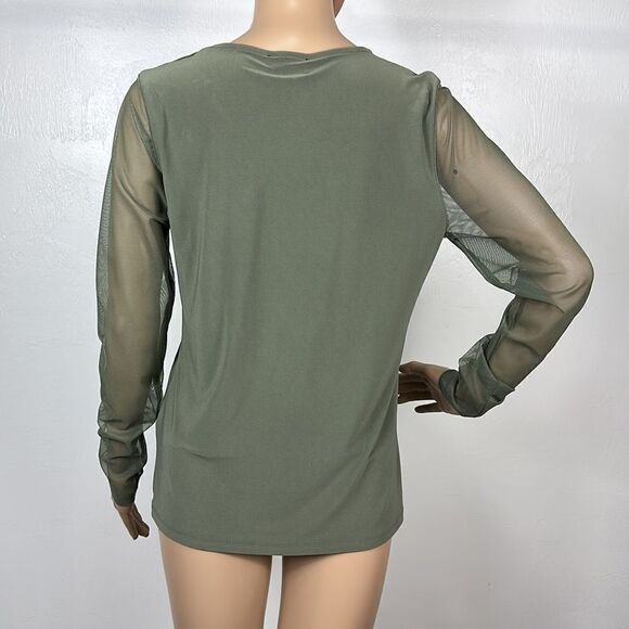 DKNY Light Fatigue Color Mesh Long Sleeves Keyhole Top Size M - Picture 4 of 10